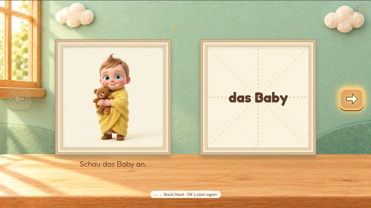 Real German classroom and language selection screen from WonderBear