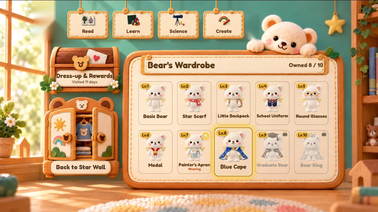 Real WonderBear wardrobe with different scarves, outfits and accessories