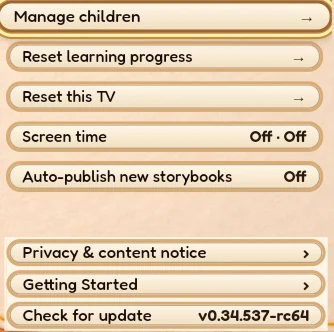 Real parent settings menu for managing children, resetting progress and screen time