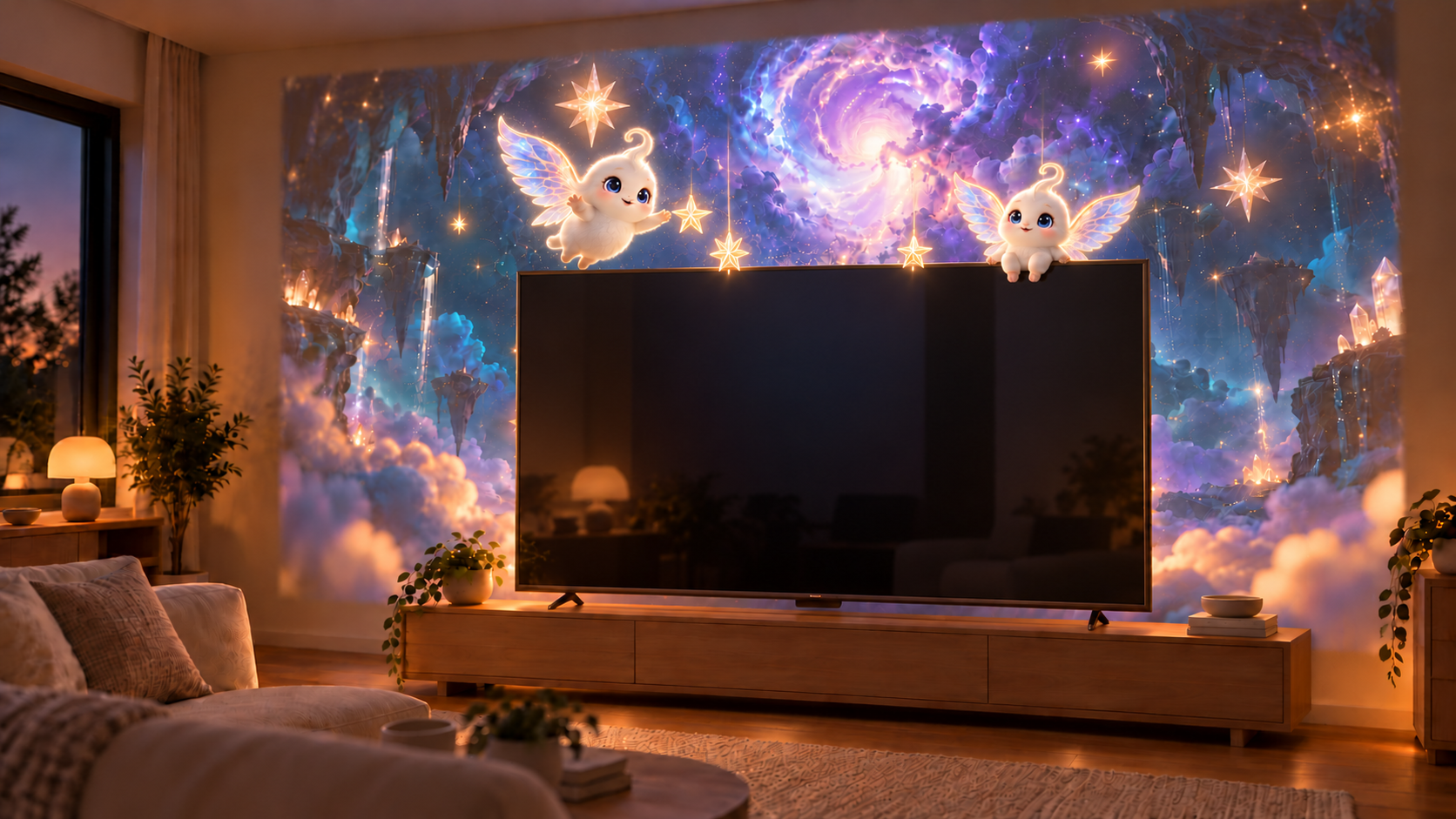 AI-generated concept of a starry projection around a TV and wooden cabinet, with stars landing on the TV edge, one seated crystal spirit and another flying