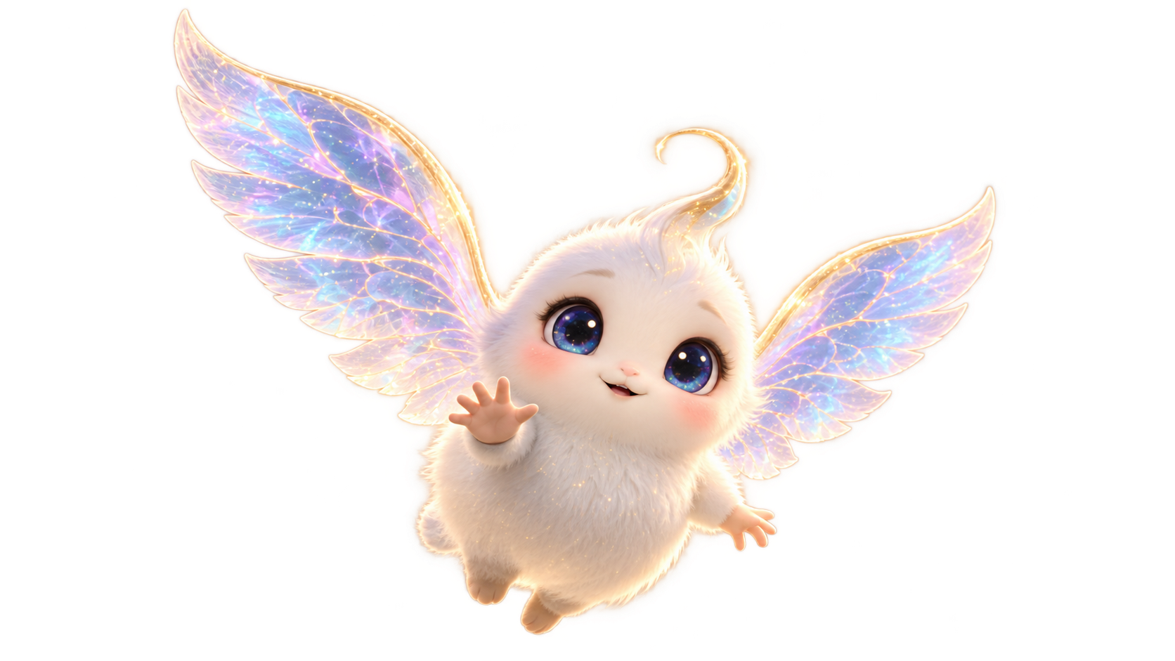 Original fluffy star-spirit concept with luminous wings